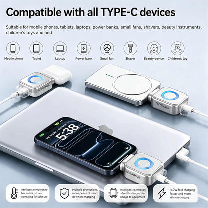 GranVio AI Smart USB-C fast charger with auto-disconnect feature, shown plugged into a wall outlet.