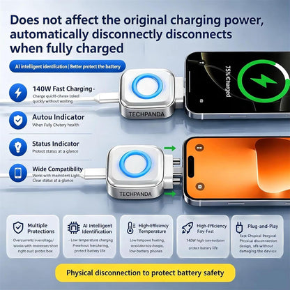 GranVio AI Smart USB-C fast charger with auto-disconnect feature, shown plugged into a wall outlet with charging cable.