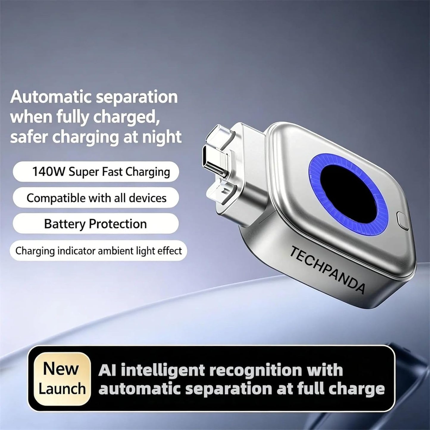 GranVio AI Smart USB-C fast charger with auto-disconnect feature, shown plugged into a wall outlet with charging cable attached.