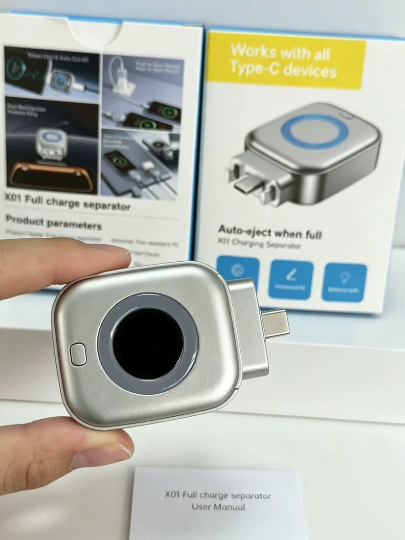 GranVio AI Smart USB-C fast charger with auto-disconnect feature, shown plugged into a wall outlet with charging cable attached.