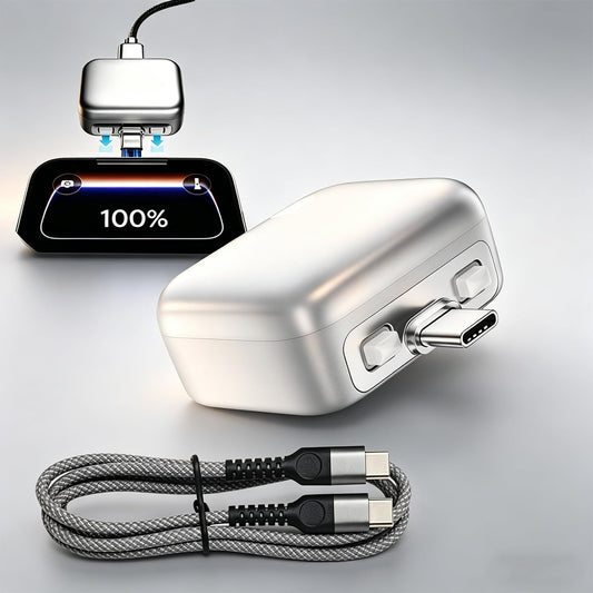 GranVio AI Smart USB-C fast charger with auto-disconnect feature, showcasing a compact white charging device with cable attached.