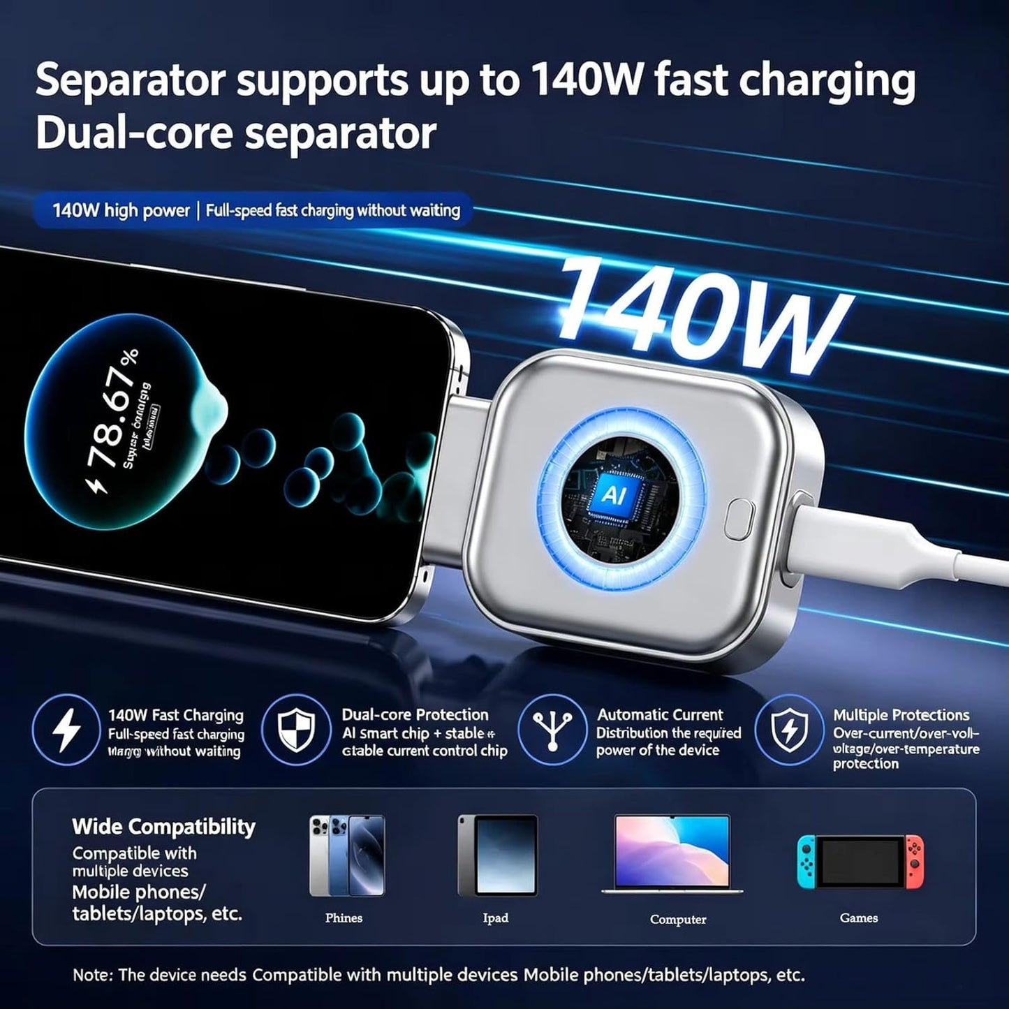GranVio AI Smart USB-C fast charger with auto-disconnect feature, shown plugged into a wall outlet with charging cable attached.